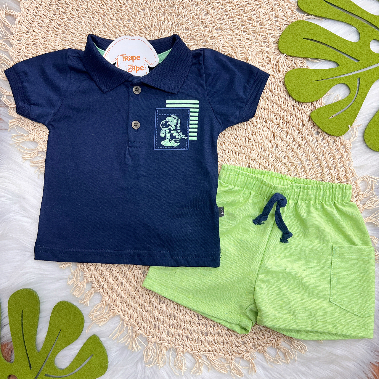 Conj. Camiseta Polo Dino Skatista e Bermuda - Marinho 